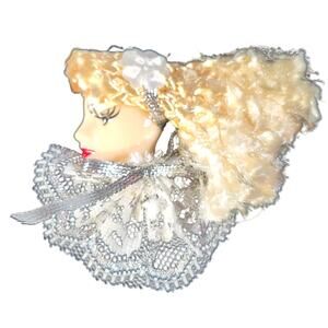Glamour Lady Head Brooch Face With Lace and Silver Ribbon 1980's With Gift Box